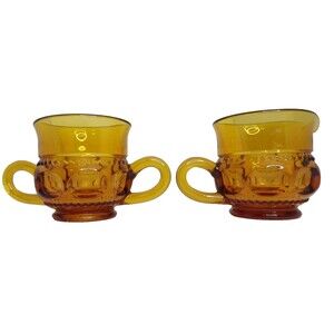 Indiana Glass Amber Color Kings Crown Creamer Open Sugar Bowl Set Vintage Thumb